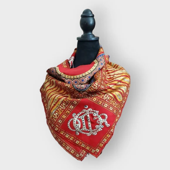 DIOR Vintage Red, Gold & Blue Silk Scarf - Intricate Hand Rolled Edges 90 Square - Picture 3 of 13
